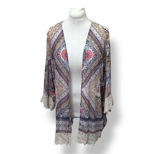 Rewind Juniors Open Front Printed Kimono Lace Trim Semi-Sheer Boho Multi XXL
